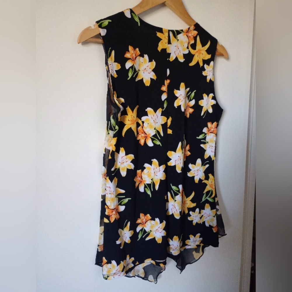 Adele & May Black and Yellow Floral Tropical Top with Sheer Overlay Size Small - Picture 8 of 12